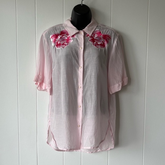 SANDRO Pink Floral Linen Shirt With Embroidery | Size XS - Picture 3 of 10